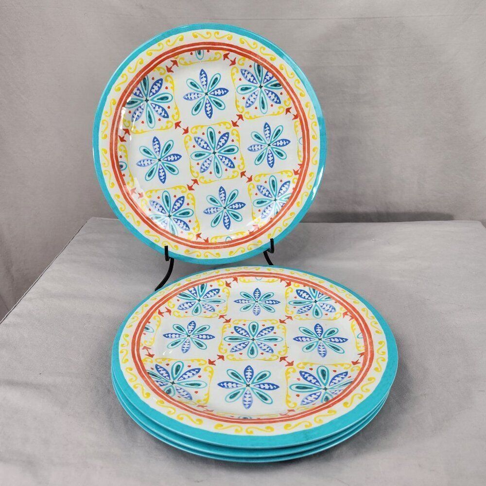 Melamine Dinner Plates 10.5" Medallion Floral Aqua Blue Yellow Orange Textured 4